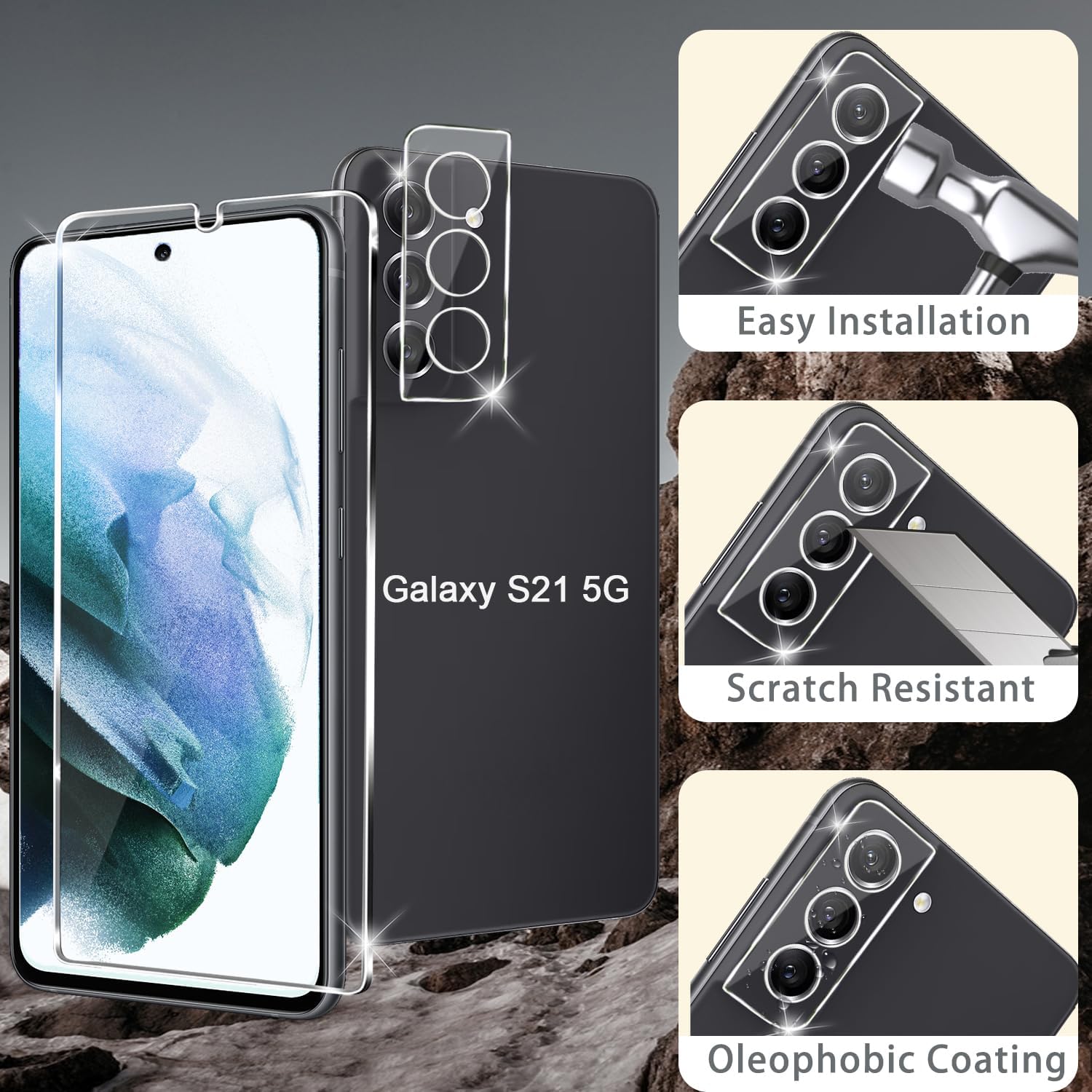 iAnder 3 Pack Glass Screen Protector for Galaxy S21, 3 Pack Camera Lens Protector with Easy Installation Tray, Supports Fingerprint Sensor, HD Retina Clarity, Case Friendly